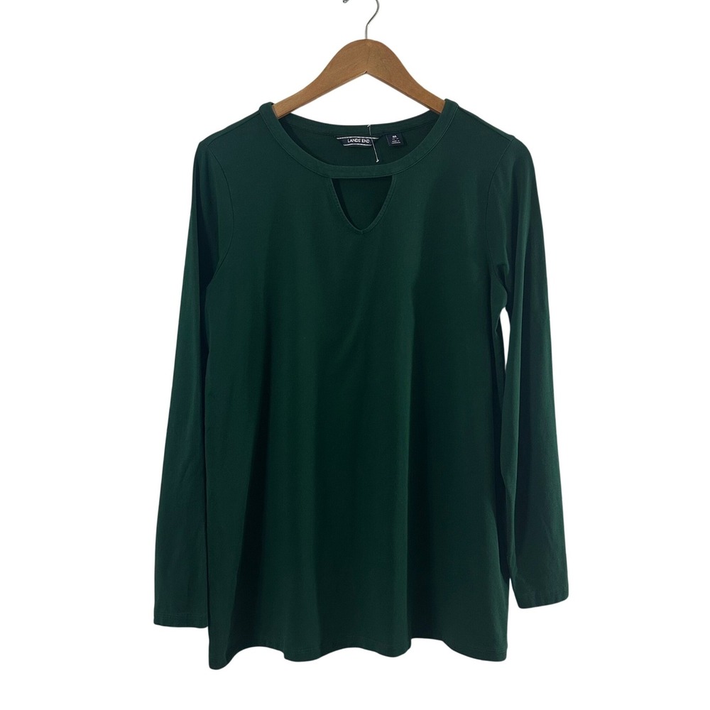 Lands End Womens Green Cotton Modal Keyhole Long Sleeve Knit Top Size M 10-12